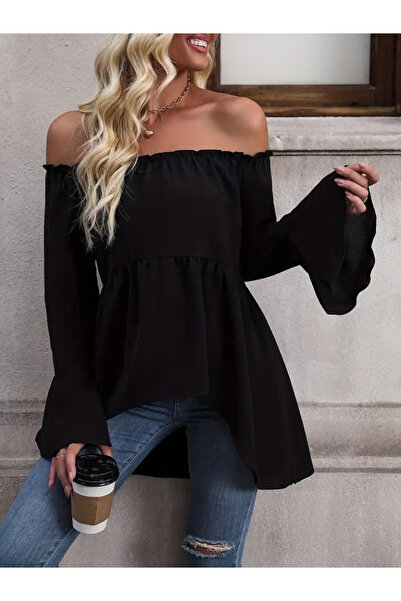 buğrahayalin Women's Long Sleeve Madonna Collar Asymmetrical Detailed Sleeves Spanish Viscose Blouse