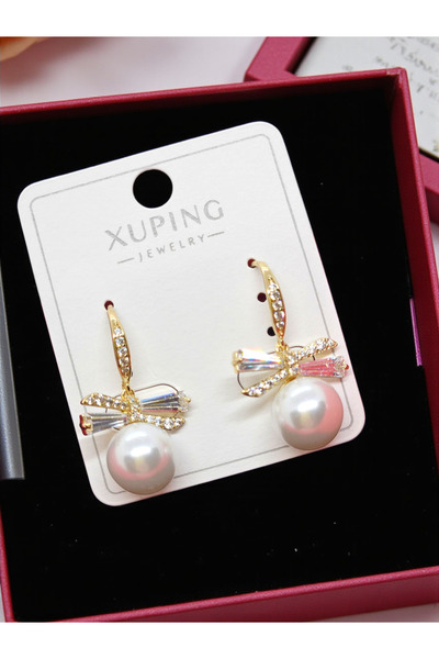 XUPING JEWELRY 14KAltın Renginde İncili Taşlı Kelebekli Sallantılı Küpeler 2.5cm Kararmaz, Alerji Yapmaz-UltraHafif