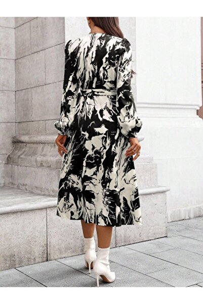 ARONA Equri̇ Women's Long Sleeve K Double-Breasted Collared Side Tie Patterned Mini Modal Dress