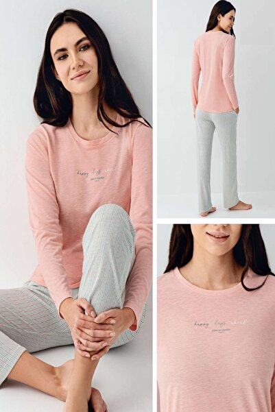 Pierre Cardin 9050 Γυναικείο σετ πιτζάμες με μακρυμάνικο σομόν με στρογγυλή λ...