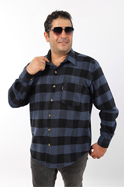TOUSUS Plus Size Black-Indigo Plaid Fleece Lumberjack Men's Shirt (Btl-7117-Tss)