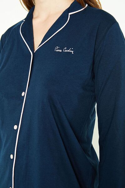 Pierre Cardin 7717 Women's Navy Blue Long Sleeve Button Front Piping Shirt Pajama Set
