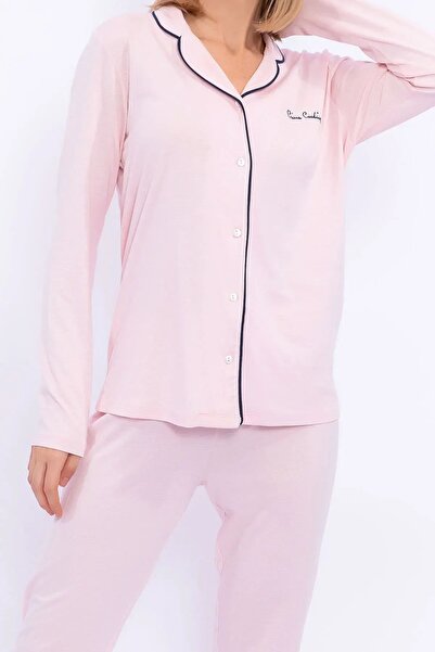 Pierre Cardin 7717 Women's Salmon Long Sleeve Button Front Piping Shirt Pajama Set