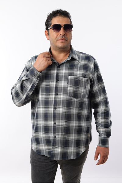 TOUSUS Plus Size Navy Blue Plaid Gabardine Men's Shirt (Btl-7113-Tss)