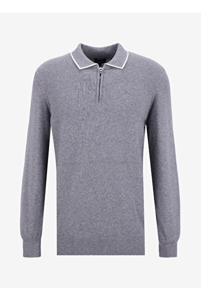 Fabrika Polo Yaka Slim Fit Düz Gri Melanj Erkek Kazak F5WM-KZK 2319