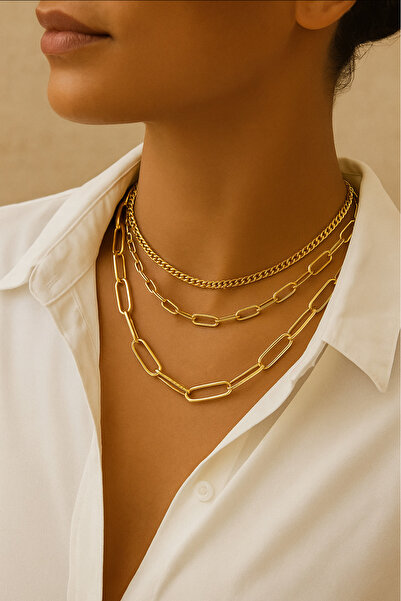 MEKKANMODA Kadın Altın Kaplama 3'lü Kolye Seti