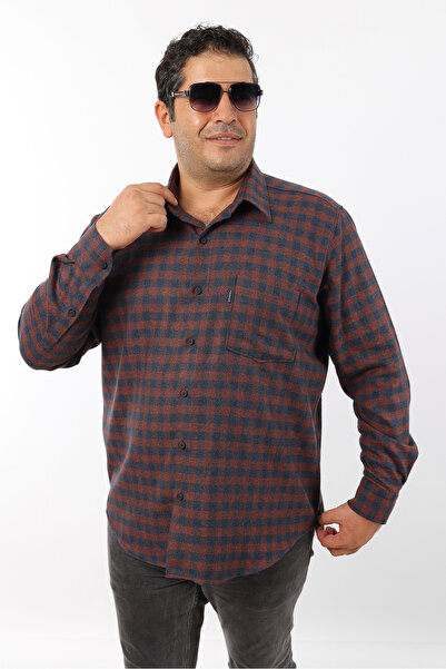 TOUSUS Plus Size Navy Blue-Tile Plaid Wool Flannel Men's Shirt (Btl-7108-Tss)