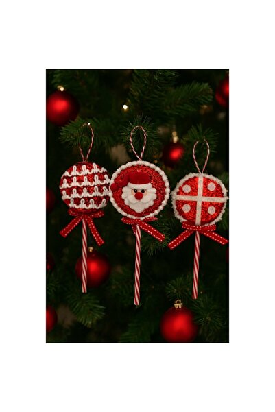 OEM Set 3 Christmas Decorations, Lollipop Shape, 3D, for Tree, Arrangements, Ideal Gift, 20 x 9 cm, Red/