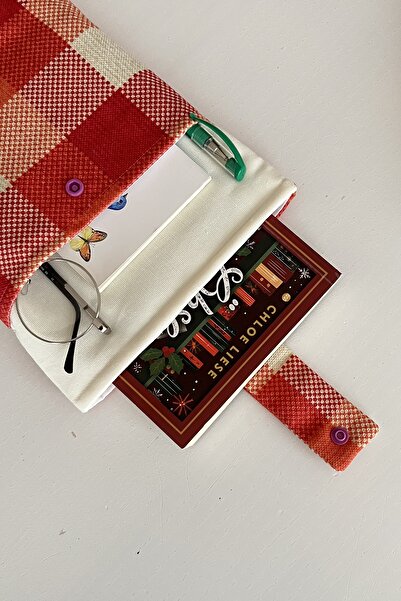Outlet Çarşım Two-Compartment Linen Book Cover Orange Large Checkered Book Lover Gift