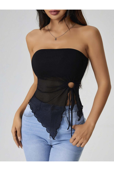 Eng Women's black cropped top with front ring detail and ruching - style 5094