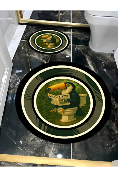Harikabirev Hari̇kabi̇rev | Bathroom and Toilet Round Mat Tucan Bird Reading a Newspaper Modern | Yvrpsps