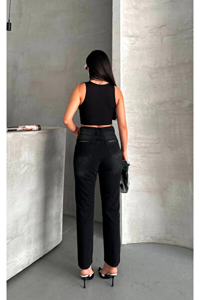 MODA Mom fit enzyme whiskered stone wash τζιν παντελόνι μαύρο d2006