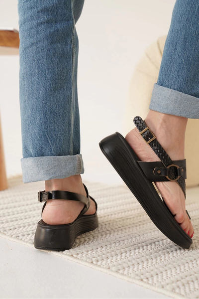 TB Terzi Bey Likya Black Genuine Leather Sandals