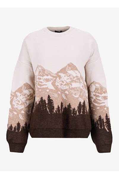 Fabrika Bisiklet Yaka Loose Fit Jakarlı Ekru - Kahve Kazak Kadın F5WL-KZK0253