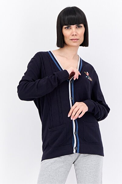 Lyle & Scott Women V-Neck Long Sleeve Embroidered Cardigan, Navy Blue Combo
