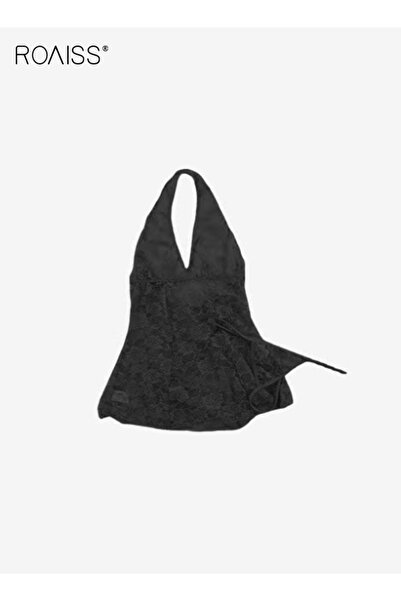 ROAISS طقم ملابس نوم دانتيل نسائي أنيق بدون أكمام وحزام ورقبة من الدانتيل ومل...