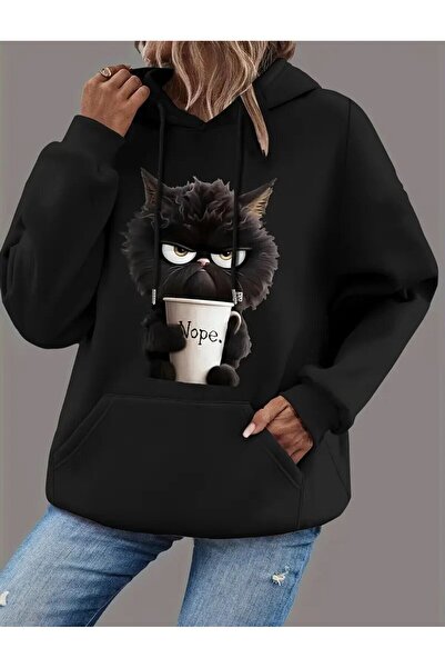 ship master سويت شيرت بغطاء للرأس بأكمام طويلة مع طباعة قطة، بلوفر مريح برباط، ملابس نسائية