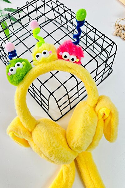 Minigimin Cicileri My Little Girl's Plush Headphones with Colorful Eyes and Antenna - Yellow