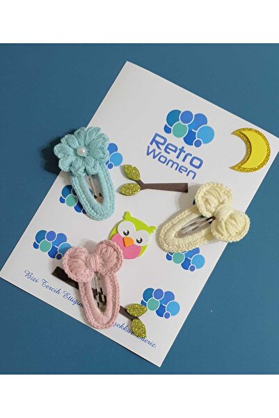 Retro Women Kız Çocuk Bebek Örgü Yün Fiyonk Amigurumi Üçlü Sevimli Çıtçıt Kli...