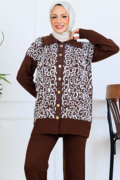 benguen Patterned Button Detailed Knitwear Set S1124 Brown