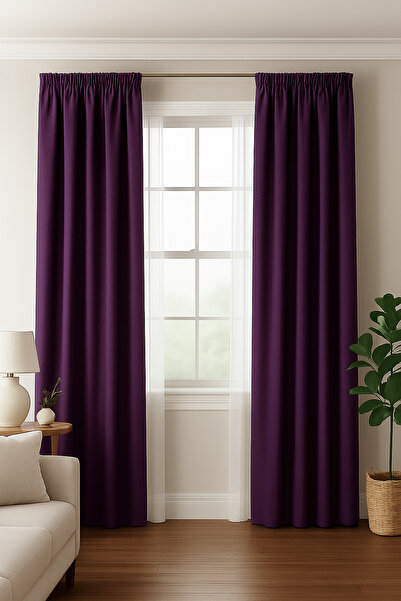 TÜLHOME Twit Keten Fon Perde Mor V.118 PİLESİZ TEK KANAT ( Büzgü Ekstraforlu )