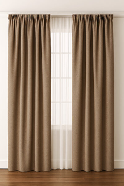 TÜLHOME Twit Keten Fon Perde Vizon V.107 PİLESİZ TEK KANAT ( Büzgü Ekstraforlu )