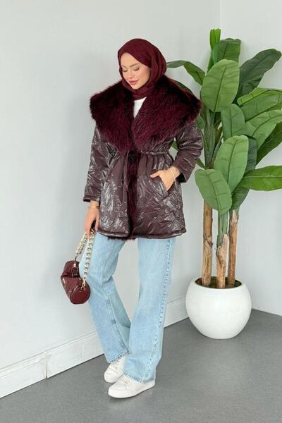 Şulemoda Giyim Pay Fur Inflatable Coat Burgundy
