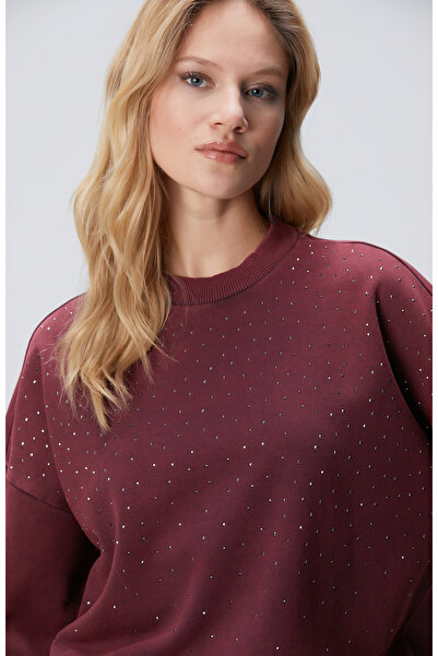 Network Bordo Taşlı Sweatshirt