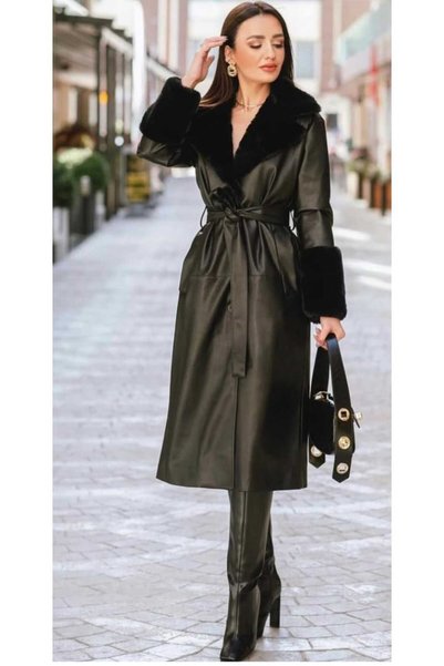 adel deniz collection Women's Long Black Leather Fur Sleeve Fur Detail New Collection