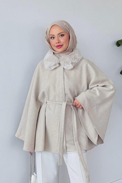 Şulemoda Giyim Fur Collar Poncho Beige