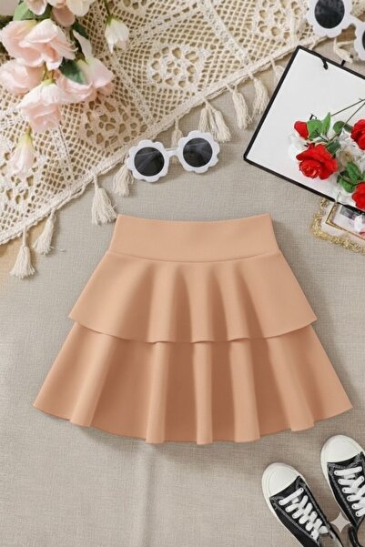 CARABO MODA Fusta mini evazată cu volane pentru fetiță, cu două straturi, talie înaltă (tabelul de mărimi este disponibil în fotografie)