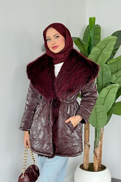 Şulemoda Giyim Pay Fur Inflatable Coat Burgundy