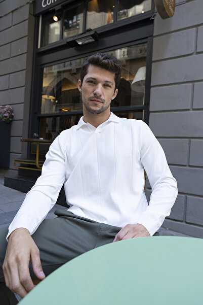 JB John Borners Men's Polo Neck Wide Stripe Knit Sweater White - K-2603