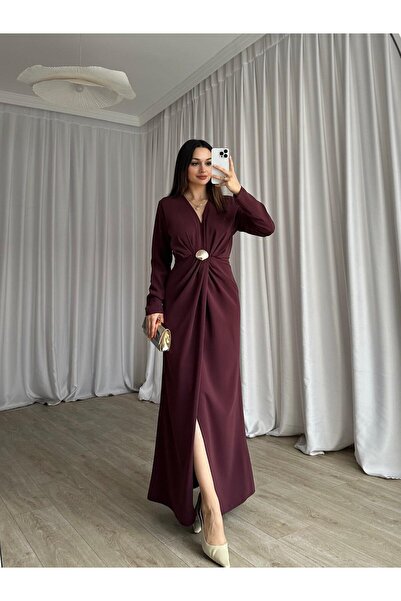 Mooi Butik LUXE Maxi Elbise 8588 - Bordo
