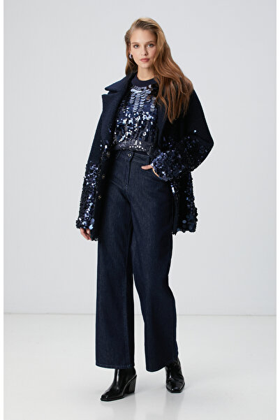 Network Lacivert Payetli Vatkalı Triko Kazak