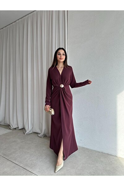 Mooi Butik LUXE Maxi Elbise 8588 - Bordo