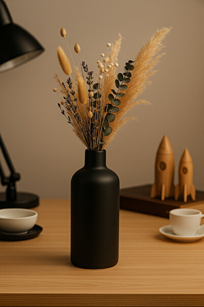 TACTIC Siyah Dekoratif Şişe Vazo 18 cm - Modern Kuru Çiçeklik Taş Dekor