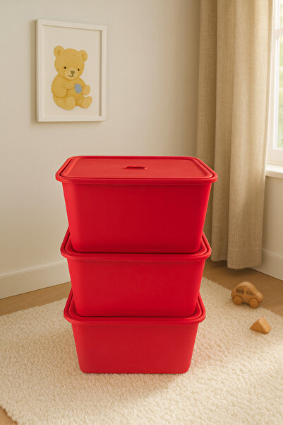 decosense 3 Pieces Red Lid Deep Toy and Stuff Storage Box Polypropylene Plastic 3-Piece Basket Set