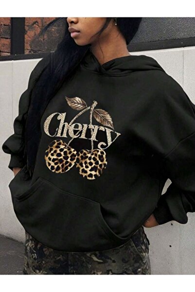 FUFLUNS سترة نسائية كبيرة الحجم بقلنسوة مطبوعة بنقش الكرز