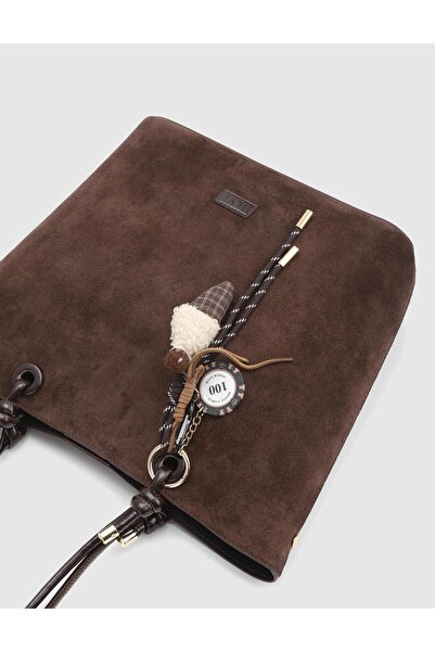 İLVİ Volten Hakiki Rugan Süet Deri Kahverengi Kadın Omuz Çantası