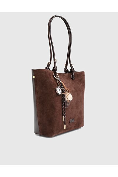 İLVİ Volten Hakiki Rugan Süet Deri Kahverengi Kadın Omuz Çantası