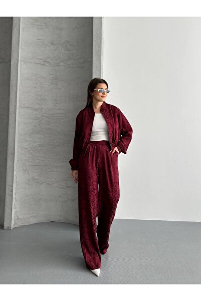 Bella Breeze Дамски комплект от сатенено сако и панталон с леопардов принт