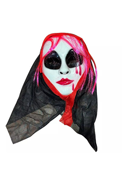 doneel قناع كامل الوجه لسيدة مخيفة بشعر أحمر وغطاء خلفي أسود لحفلة الهالوين التنكرية