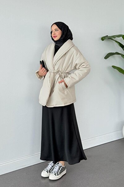 Şulemoda Giyim Μπουφάν με ίσια ζώνη φουσκωτό μπεζ