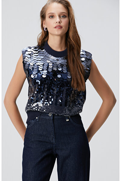 Network Lacivert Payetli Vatkalı Triko Kazak