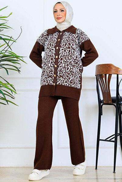 benguen Patterned Button Detailed Knitwear Set S1124 Brown