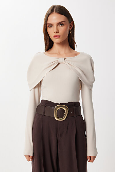 Lovelyİstanbul Pletená halenka s mašlí LFW0013 KRÉMOVÁ