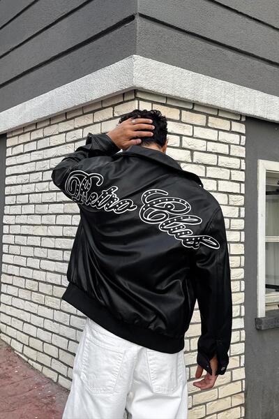Flaw Wear Retro Club Embroidered Black Leather Jacket