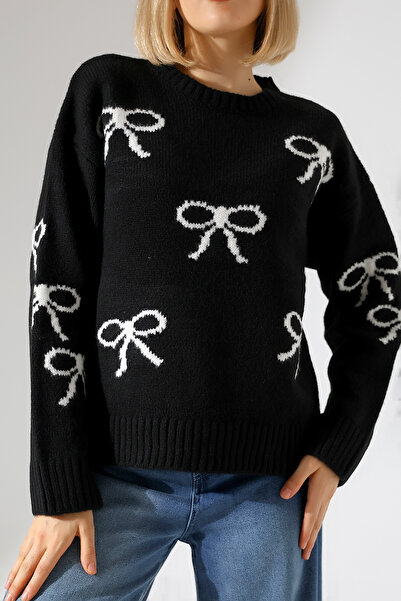 MILANOFOX Women's Bow Patterned Soft Textured Black Knitwear Sweater