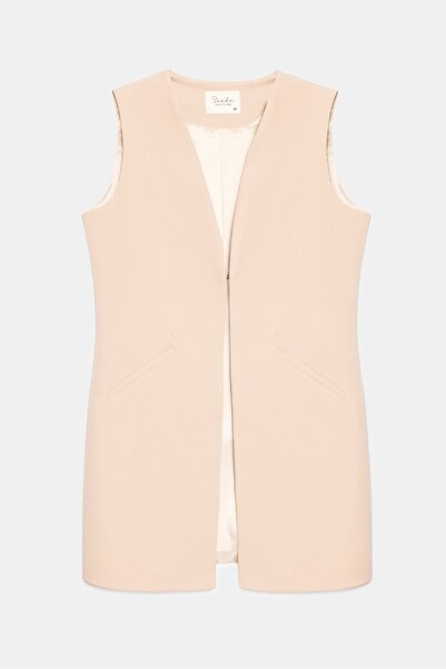 Saade Beige Women's V-Neck Agraf Closure Comfortable Cut Pocketed Woven Long Vest